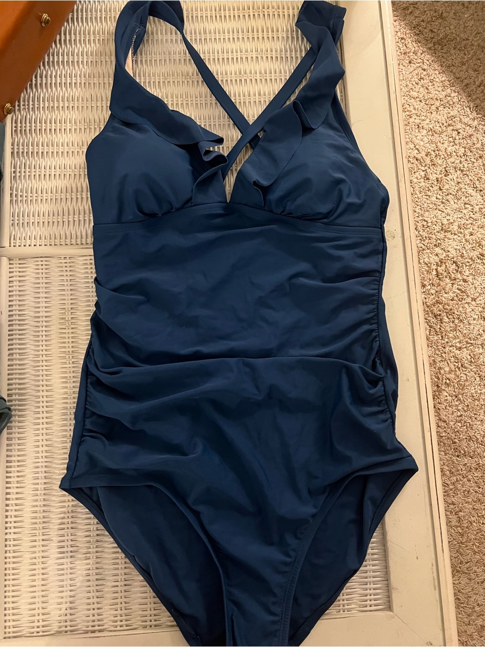 Kona Sol Ruffle One-Piece Swimsuit in a deep navy blue size Large Long